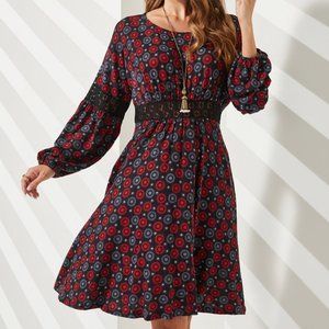 Suzanne Betro Black & Red Floral Lace-Accent Fit & Flare Dress Sz 2X Long Sleeve